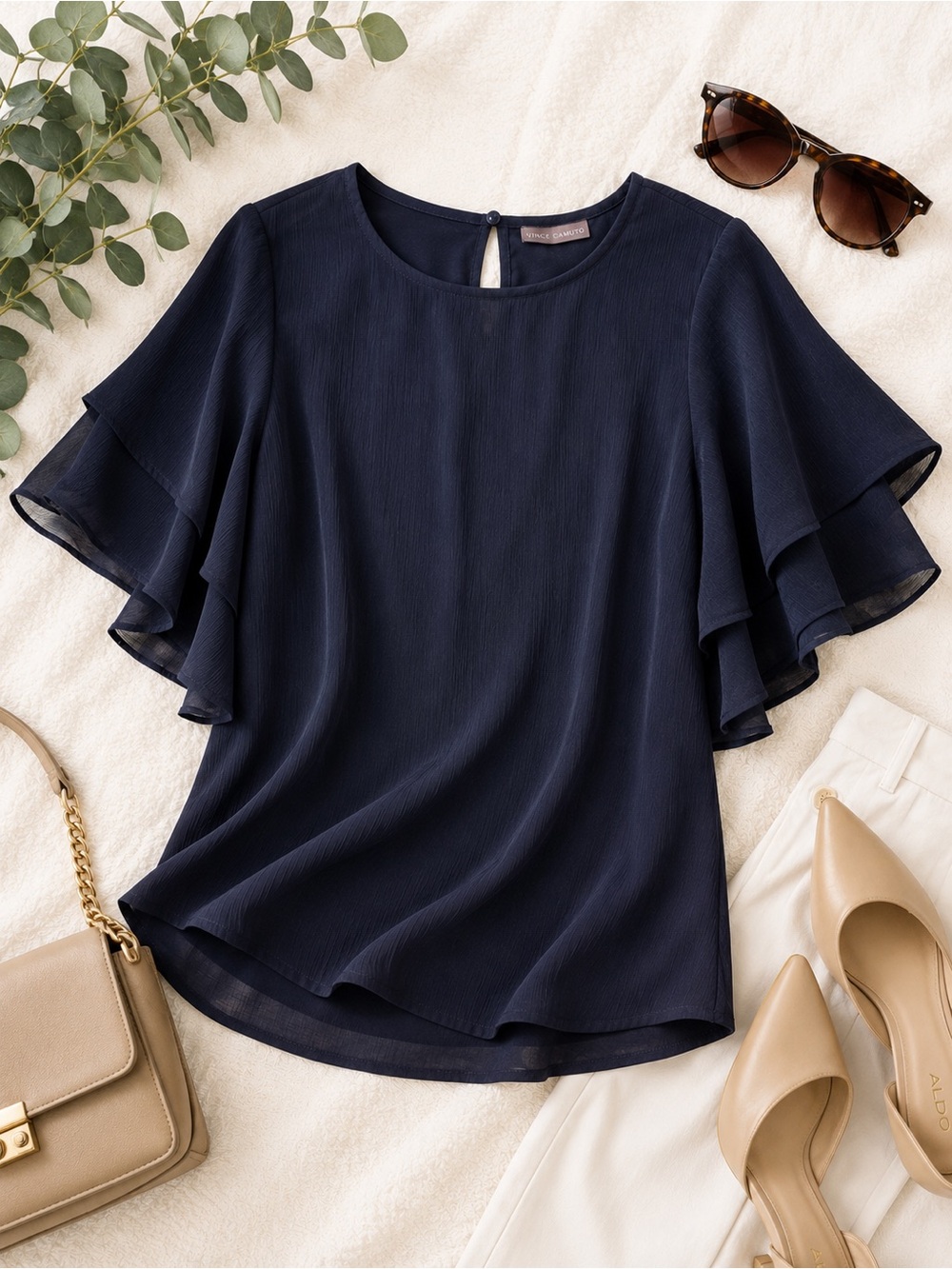 Vince Camuto Flutter Sleeve Blouse XS Navy Blue Career Wear Top